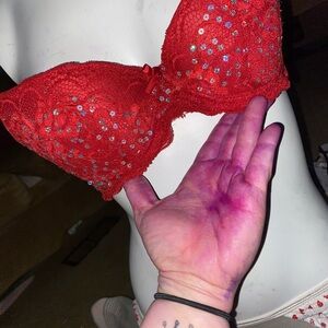 Red Lace Embellished Bra